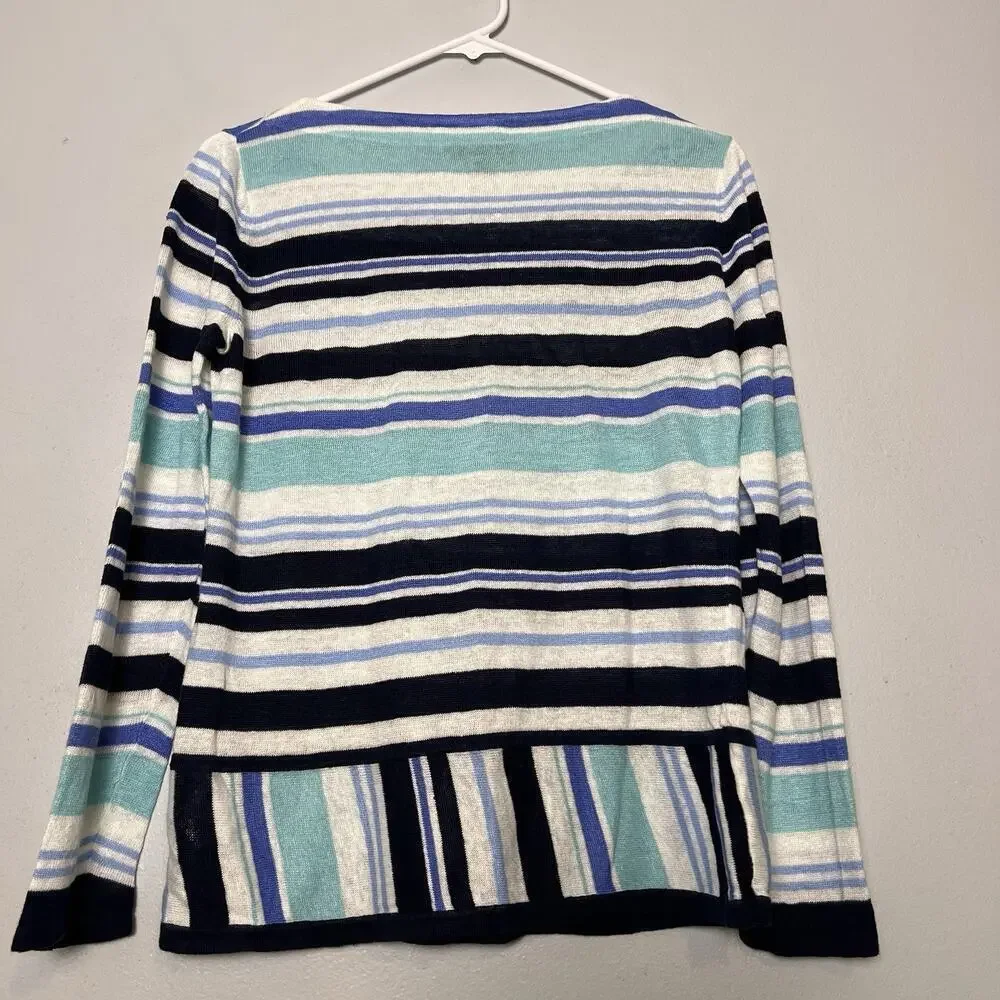 Brook Brothers Women's Linen Knit Blue White Black Striped Sweater Sz M